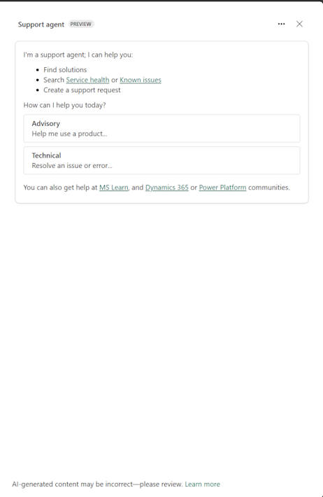 Screenshot zeigt den Support-Agent im Power Platform Admin Center.