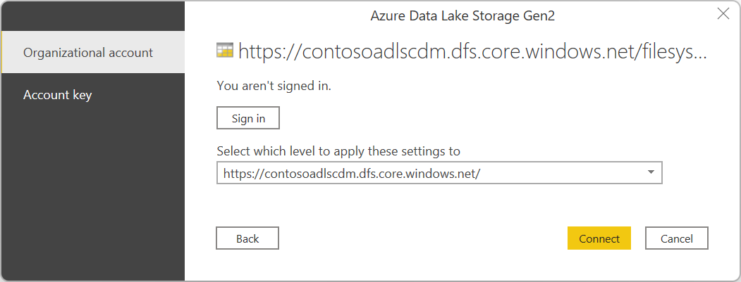 Screenshot des Anmeldedialogfelds für Azure Data Lake Storage Gen2, mit ausgewähltem Organisationskonto und bereit für die Anmeldung.