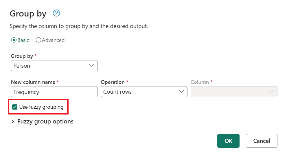 Screenshot des Kontrollkästchens „Fuzzygruppierung“ im Dialogfeld „Gruppieren nach“.