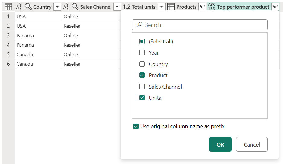 Screenshot der erweiterten Operation für den Datensatzwert in der Produktspalte „Top-Verkäufer“.