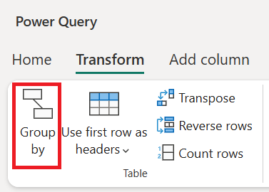 Screenshot der Registerkarte „Transformation“ von Power Query mit hervorgehobener Optionen für „Gruppieren nach“.