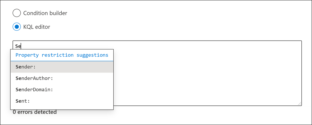 KeyQL-Editor schlägt unterstützte Eigenschaften vor