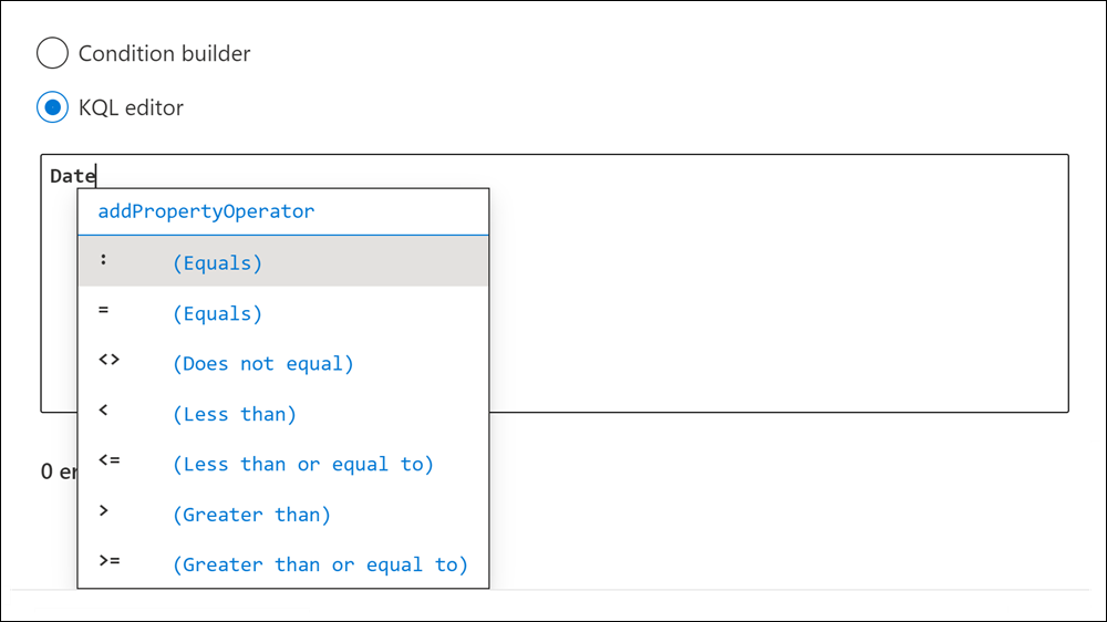 KeyQL-Editor schlägt Operatoren vor