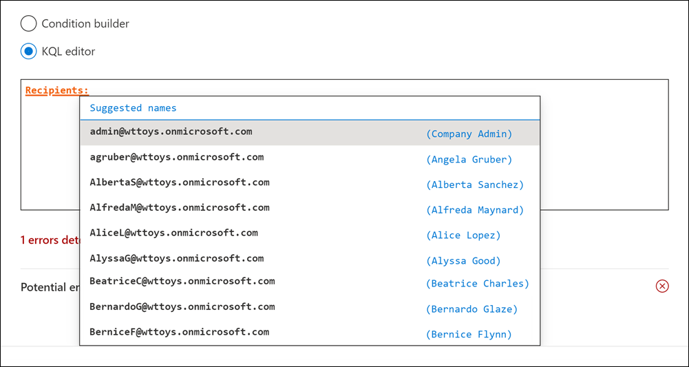 KeyQL-Editor schlägt Benutzer für Empfänger-E-Mail-Eigenschaften vor