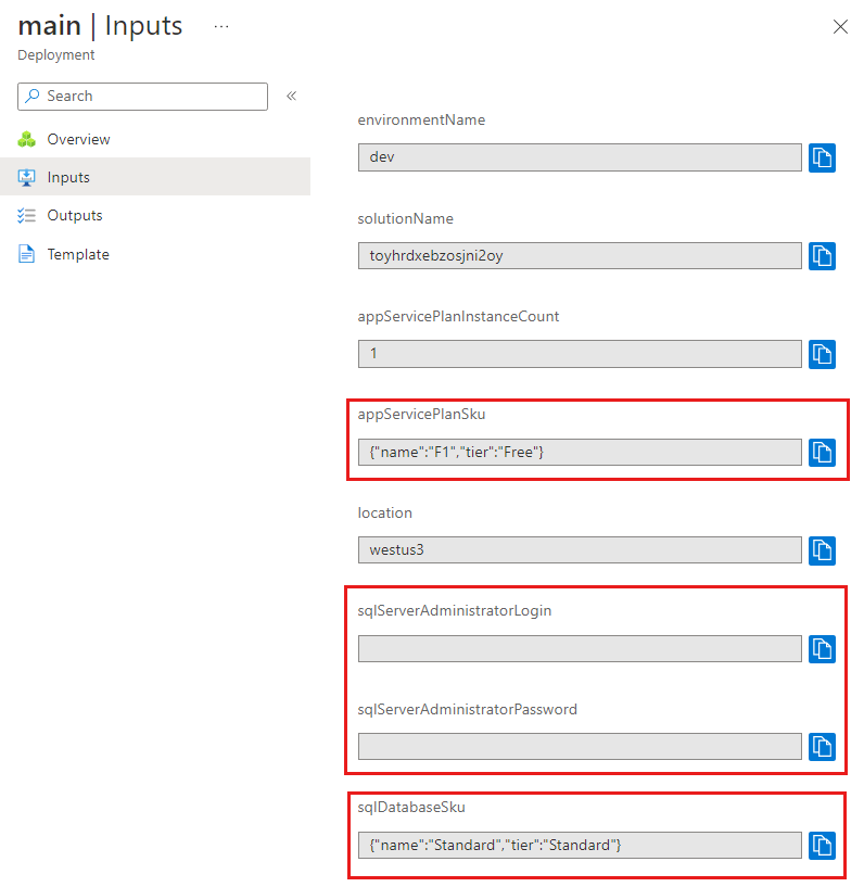 Screenshot der Azure-Portalschnittstelle für die spezifische Bereitstellung mit den Parameterwerten.