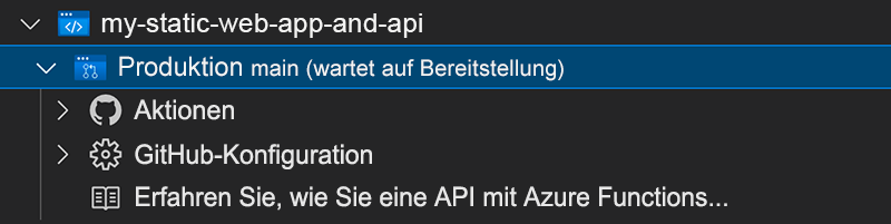 Screenshot, der den Produktionsstatus als Warten auf die Bereitstellung anzeigt.