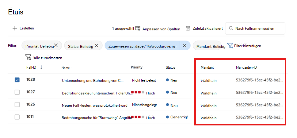 Screenshot: Warteschlange der Fälle in Microsoft Defender mehrinstanzenfähigen Portal.