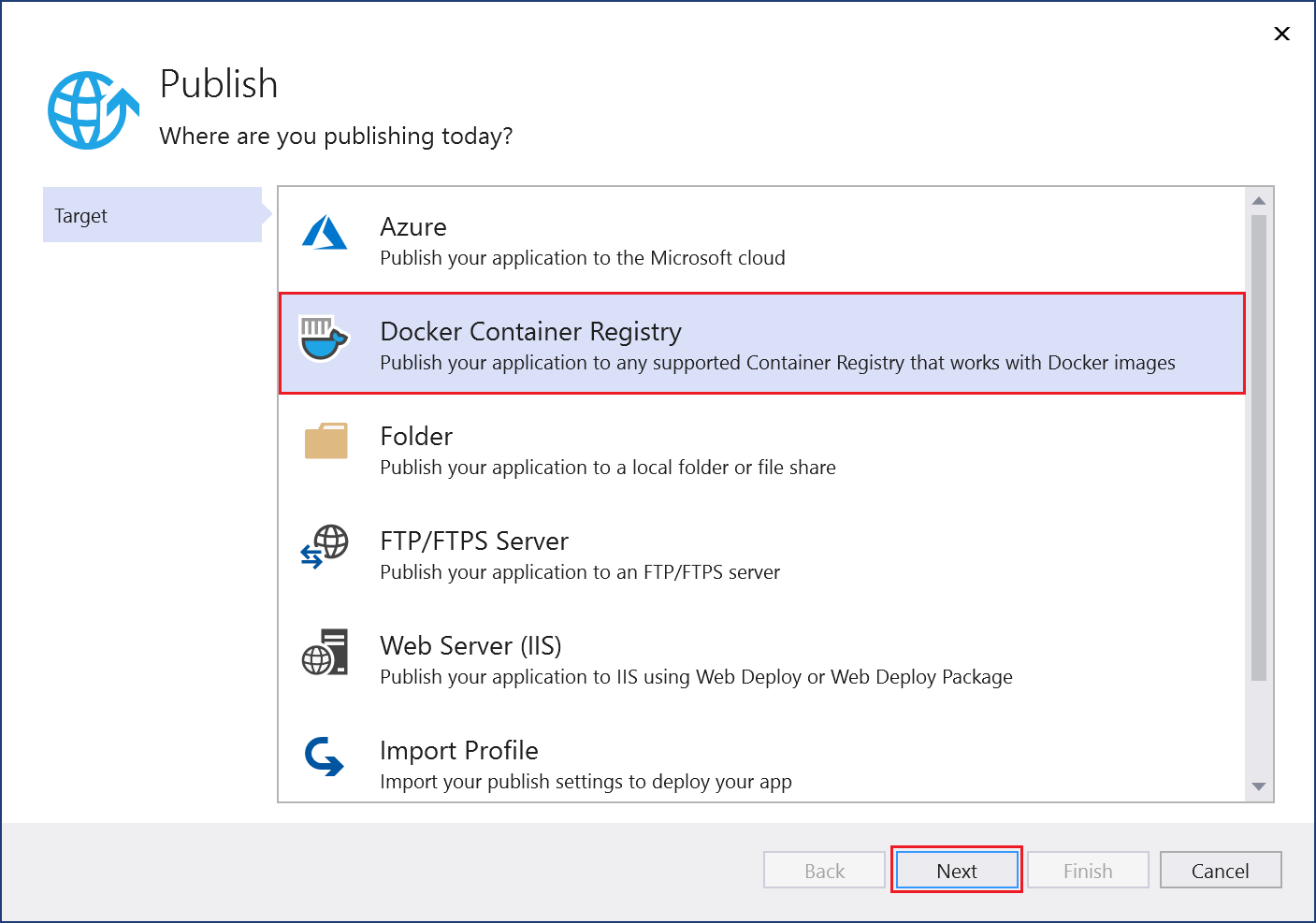 Screenshot der Bereitstellungsoptionen.