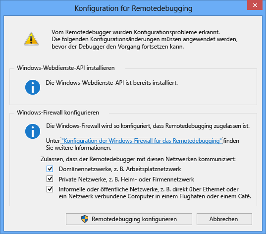 Screenshot der Remotedebuggerkonfiguration.