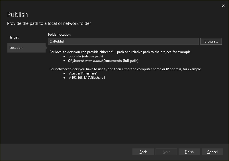 Screenshot des Dialogfelds zum Auswählen eines Veröffentlichungsziels in Visual Studio, wobei der Ordner 