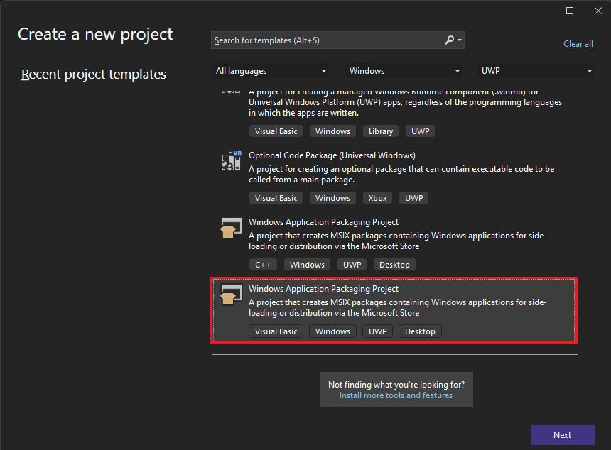 Screenshot, der zeigt, wie Windows Application Packaging Project ausgewählt wird.