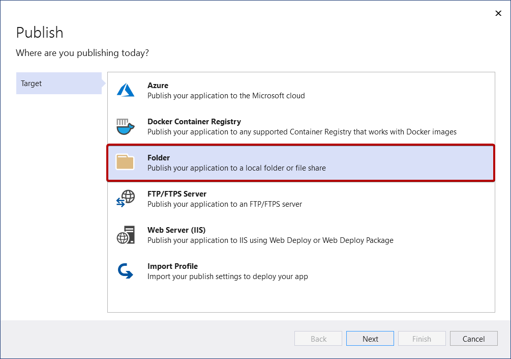 Screenshot: Hervorgehobene Option zum Veröffentlichen in einem Ordner.