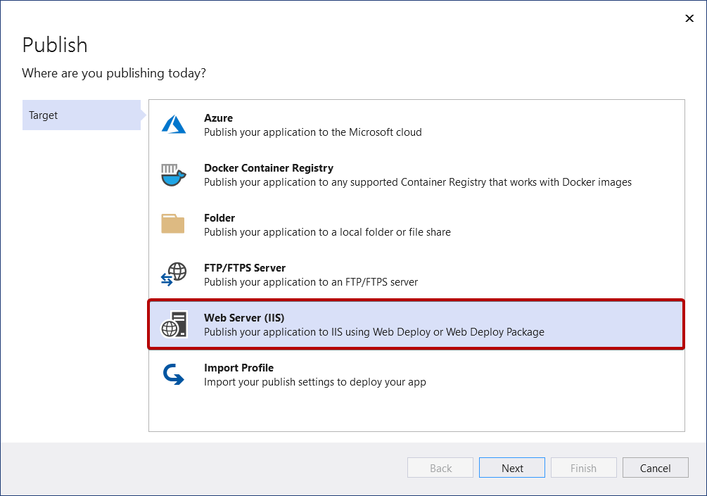 Screenshot mit der Option zum Veröffentlichen in IIS.