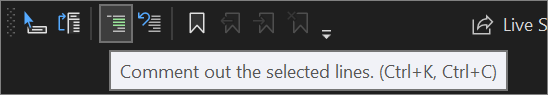 Screenshot: Schaltfläche „Auskommentieren“ auf der Text-Editor-Symbolleiste in Visual Studio 2022.