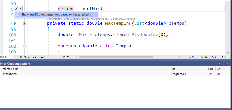 Screenshot zeigt die Entdeckung von IntelliCode-Vorschlägen.