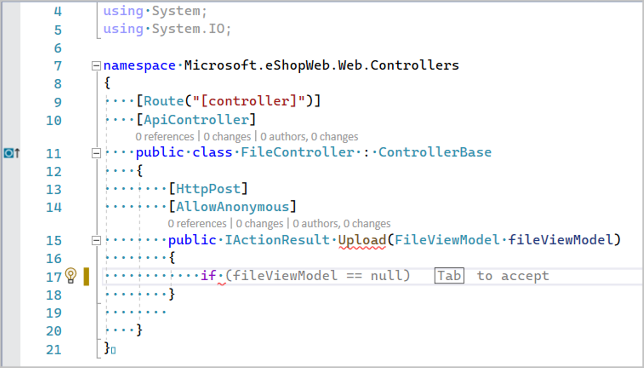 Screenshot der C# Ganzzeilen-Autocompletions in Visual Studio.