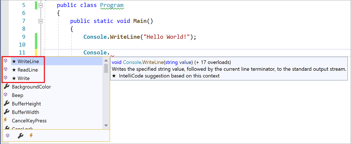 Screenshot von markierten IntelliSense-Vorschlägen mit IntelliCode in Visual Studio.