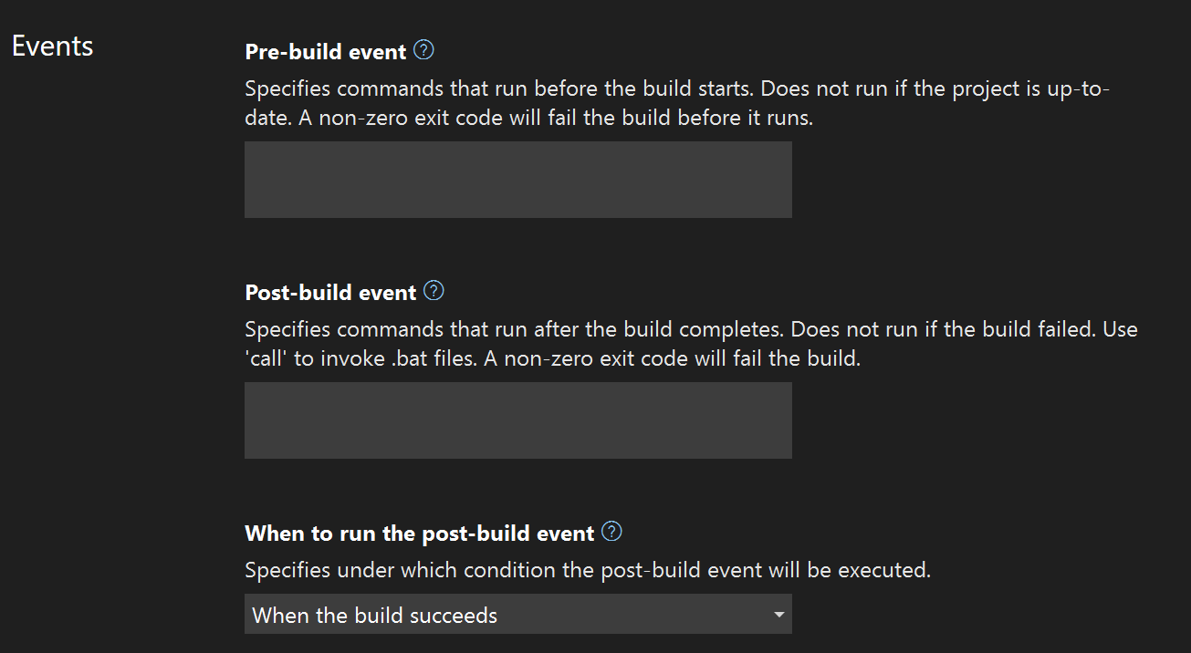 Screenshot der Einstellungen für Build-Ereignisse.