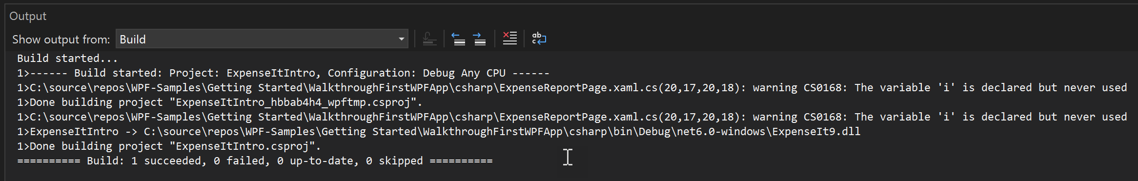 Screenshot der Buildwarnungen im Ausgabefenster für C#.