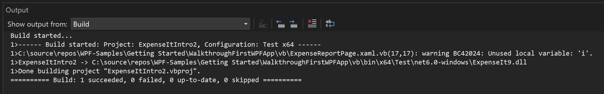 Screenshot der Buildwarnungen im Ausgabefenster für Visual Basic.