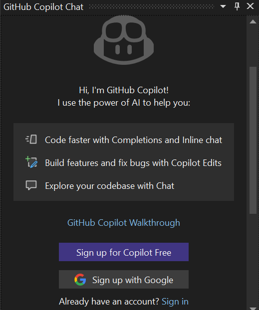 Screenshot der Anmeldung für Copilot Free im Chatfenster.
