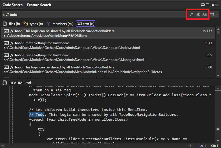 Screenshot der Textsuche mit verschiedenen Optionen.