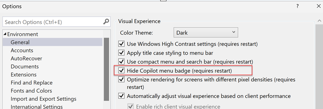 Screenshot der Option zum Ausblenden des Copilot-Badges in Tools > Optionen.