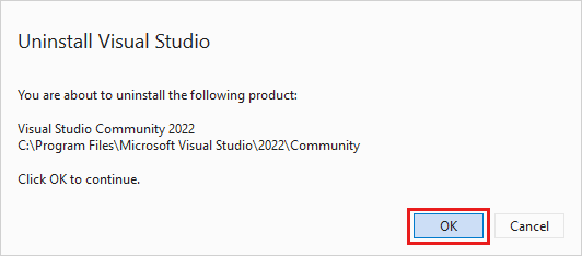 Screenshot zeigt ein Dialogfeld, um zu bestätigen, dass Sie Visual Studio 2022 deinstallieren möchten.