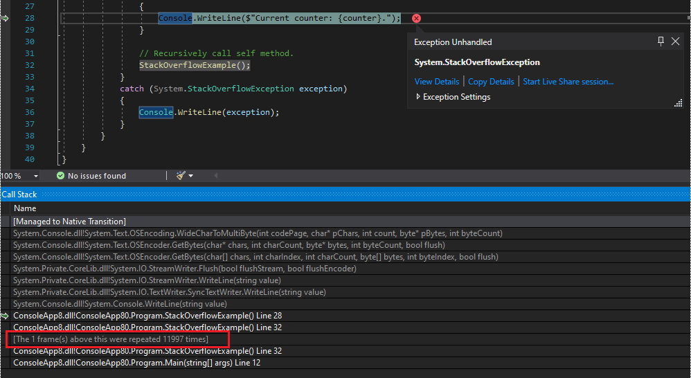 Filtert nach redundanten, sich wiederholenden Frames aus der Aufrufliste, wenn der Debugger aufgrund einer StackOverflow-Ausnahme angehalten wird.