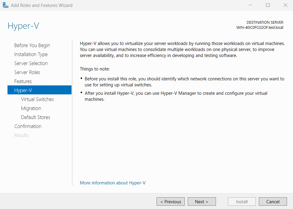 Screenshot der Hyper-V Installationseinstellungen.