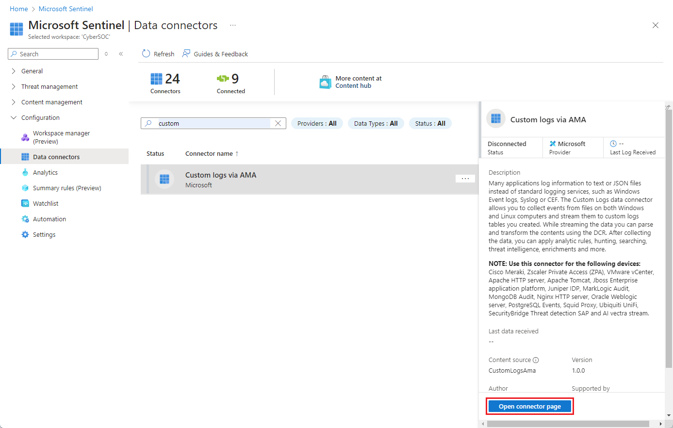 Screenshot of custom logs AMA connector in gallery.