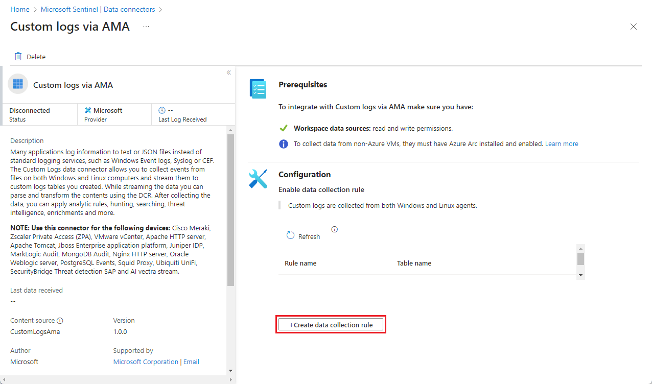 Screenshot showing the Custom Logs via AMA connector page.