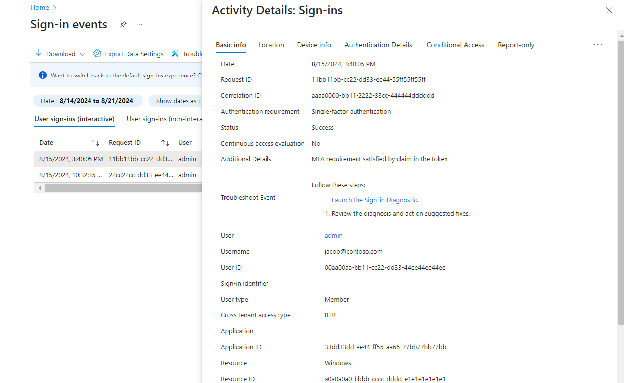 Screenshot showing a sign-in log.