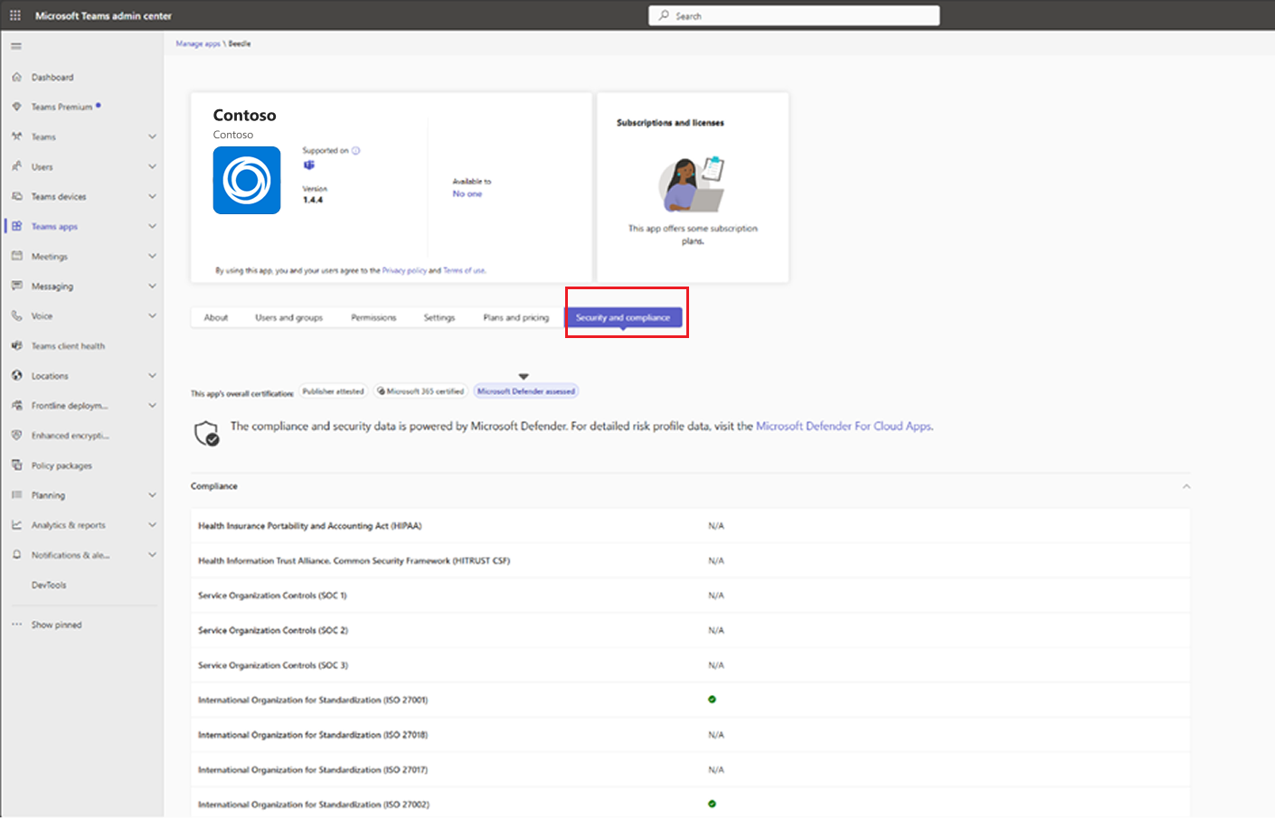 Screenshot showing an individual app and the security and compliance tab.