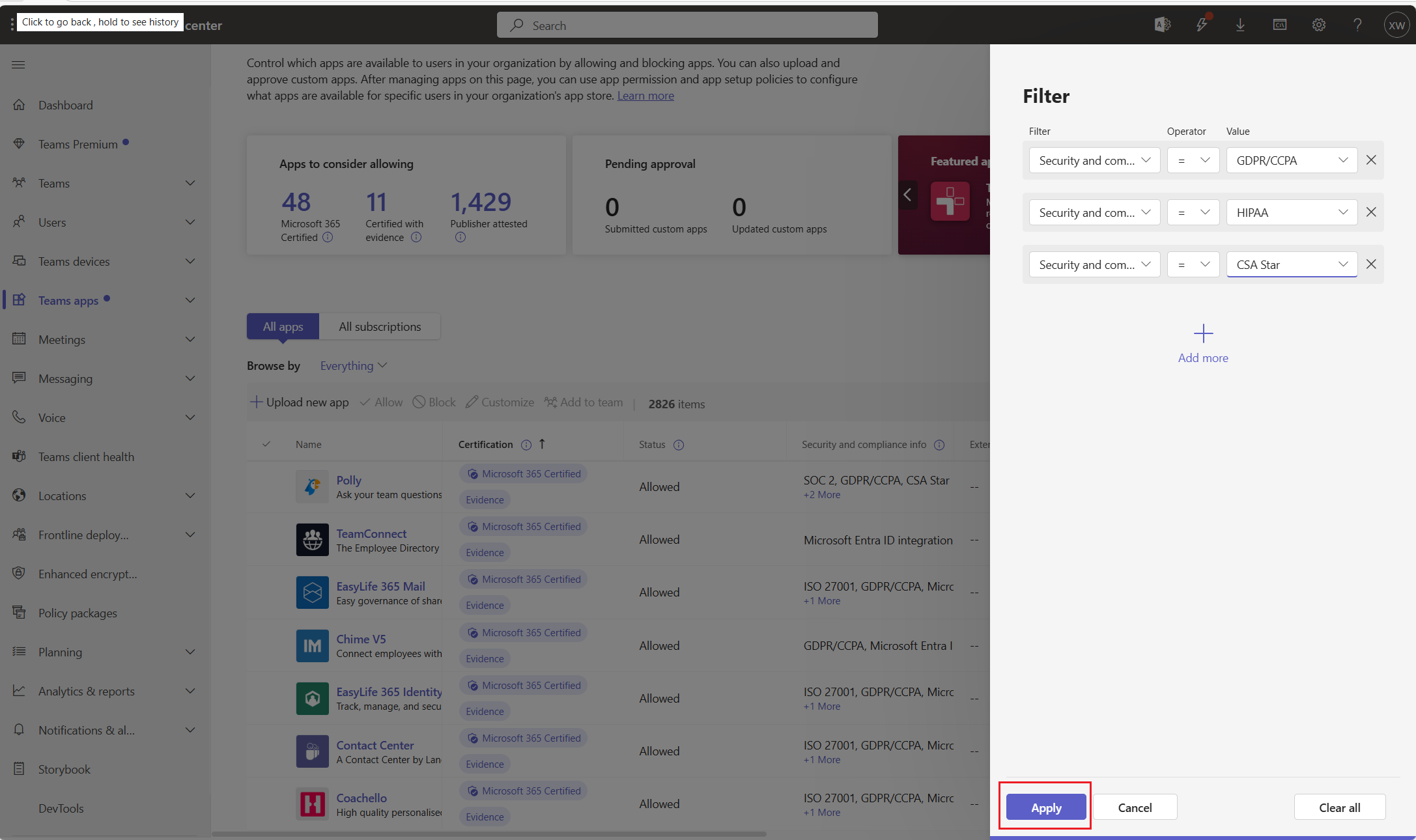 Screenshot showing the filter option for the security compliance info column, displaying compliance attributes.
