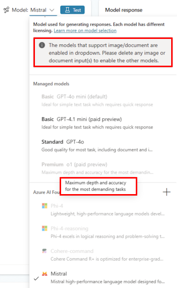 Screenshot of the 'Models' dropdown menu with image and document models.