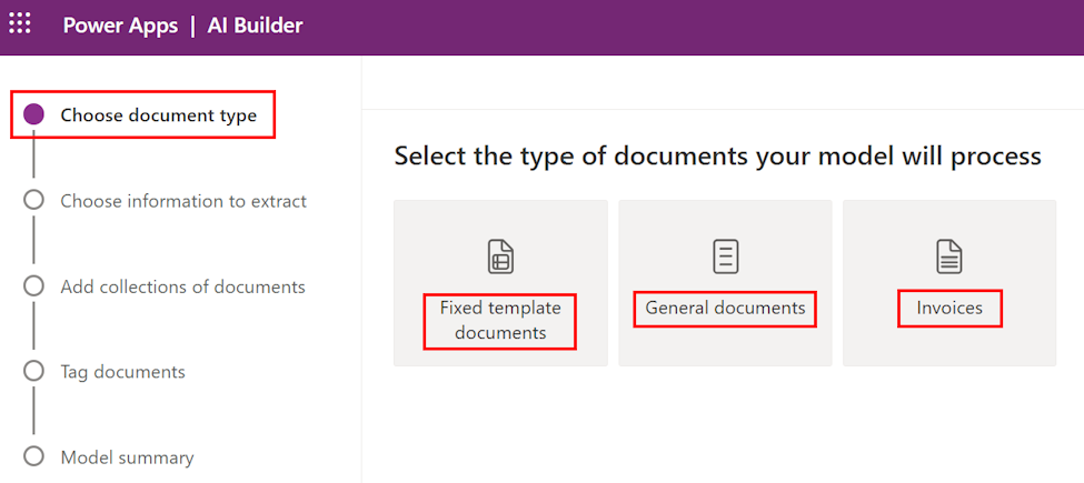 Screenshot of the different document types.