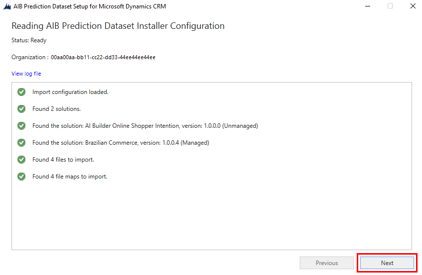 Screenshot of the summary of the AI Builder prediction dataset installer configuration.