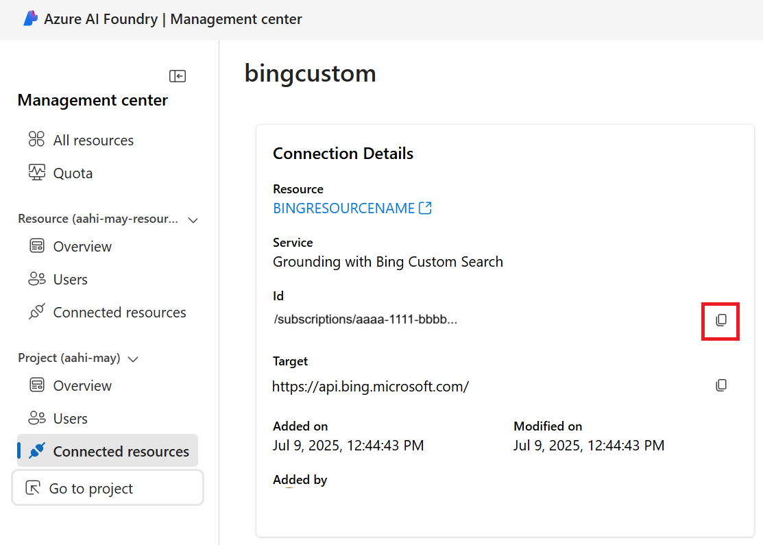 A screenshot showing the Grounding with Bing Search ID.