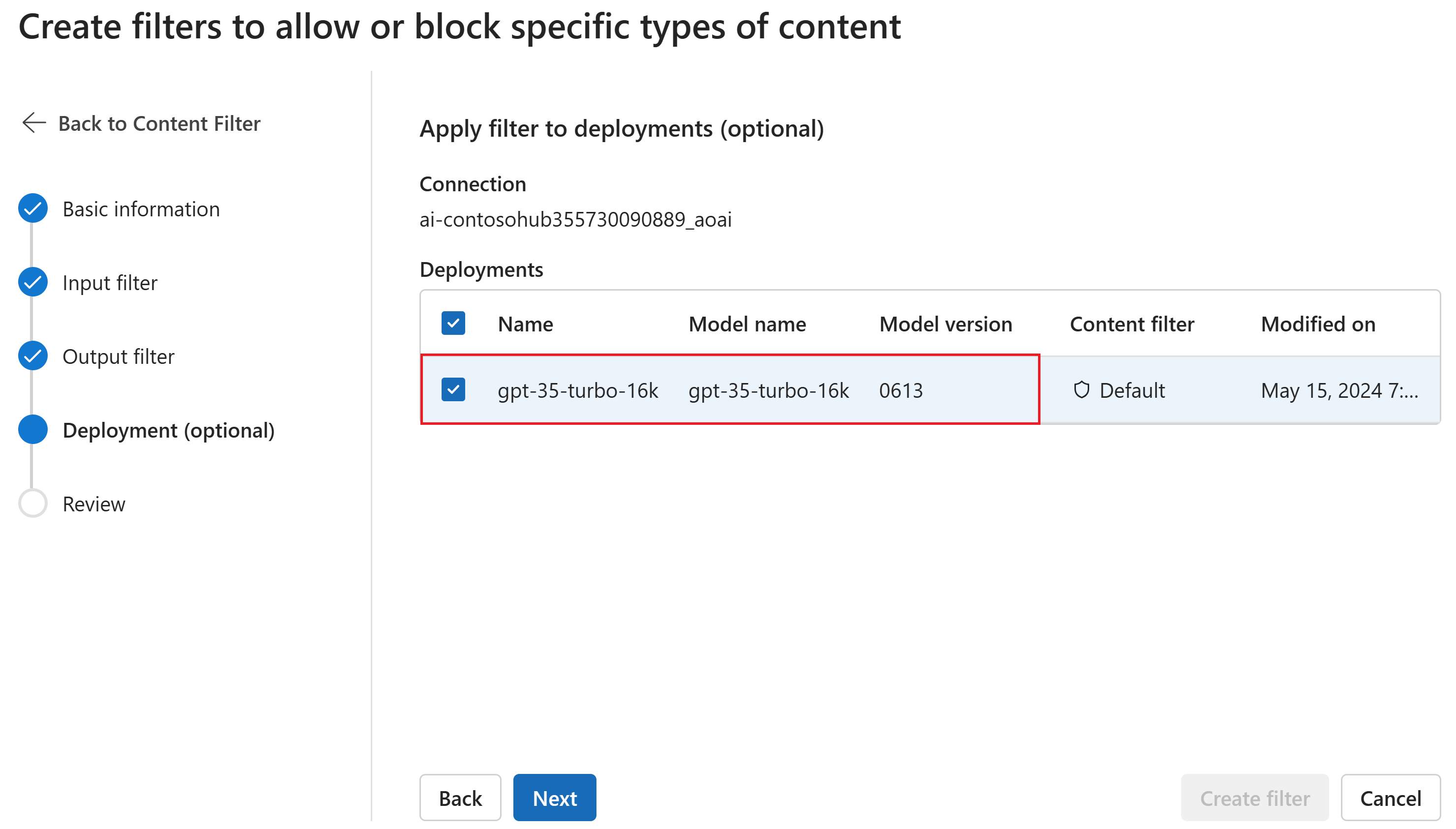 Screenshot of the option to select a deployment when creating a content filter.