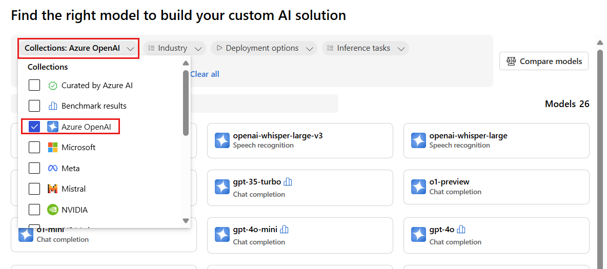 A screenshot showing how to filter by Azure OpenAI models in the catalog.
