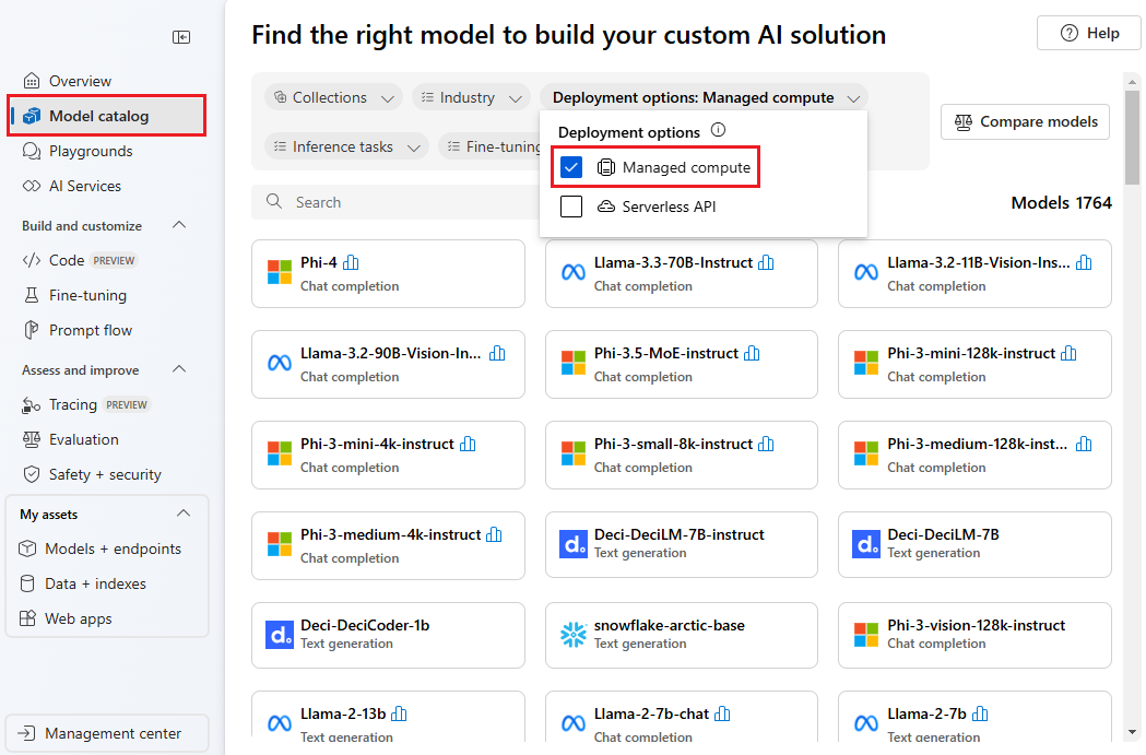 A screenshot showing how to filter by managed compute models in the catalog.