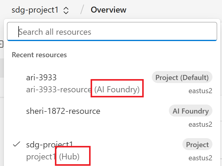 Screenshot shows both a Foundry and hub based project in the breadcrumb navigation.