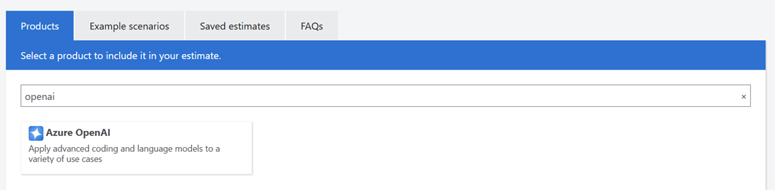 Screenshot of selecting Azure OpenAI in the Azure pricing calculator.