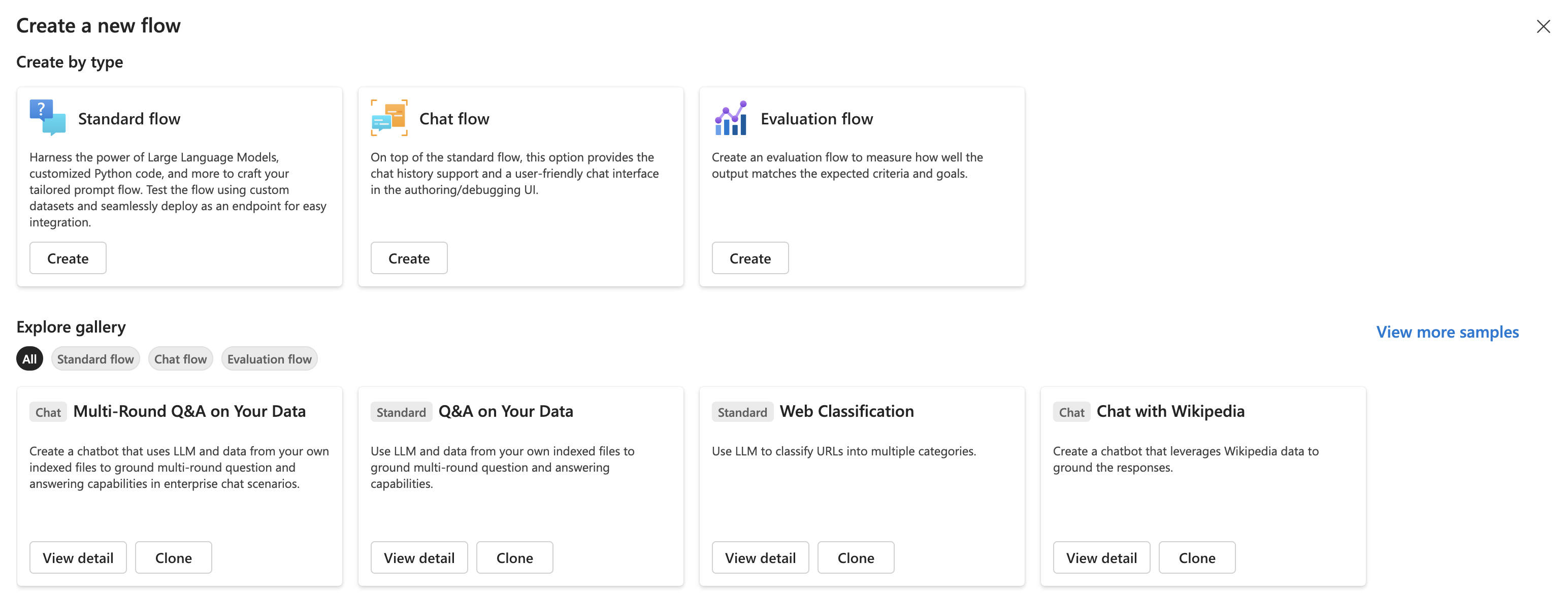 Screenshot of example flow types and templates from the gallery.
