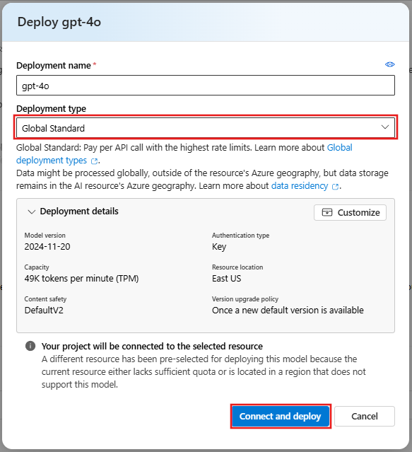 Screenshot showing how to deploy a model from the AI Foundry model catalog.