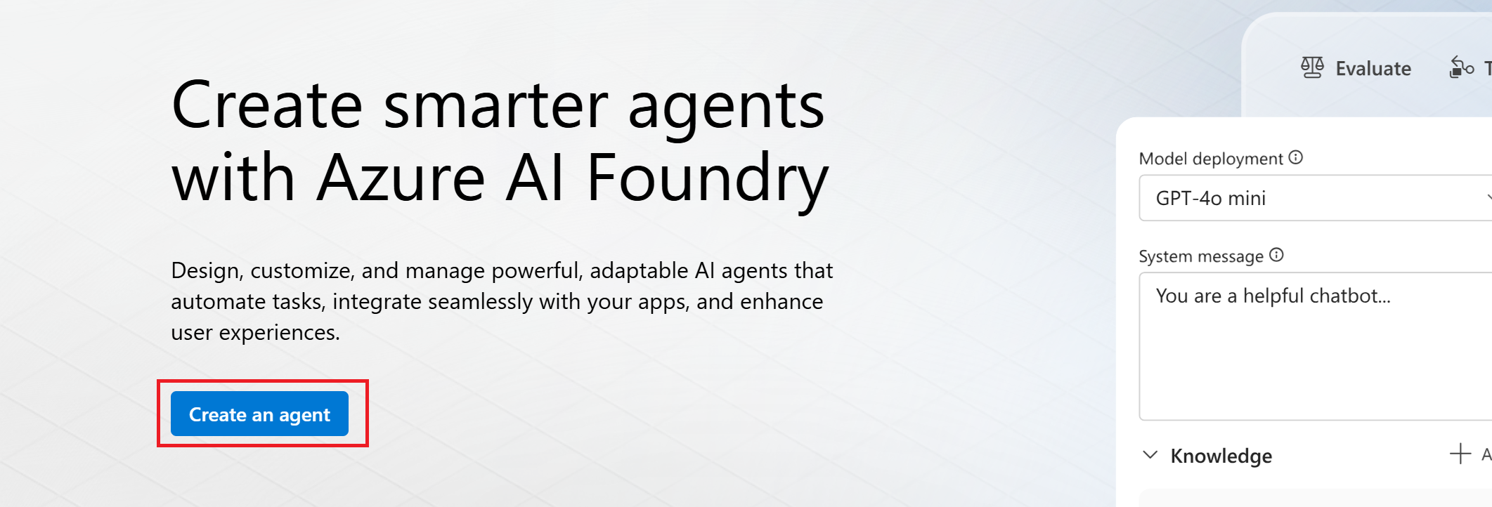 Screenshot shows how to start building an Agent in Azure AI Foundry portal.