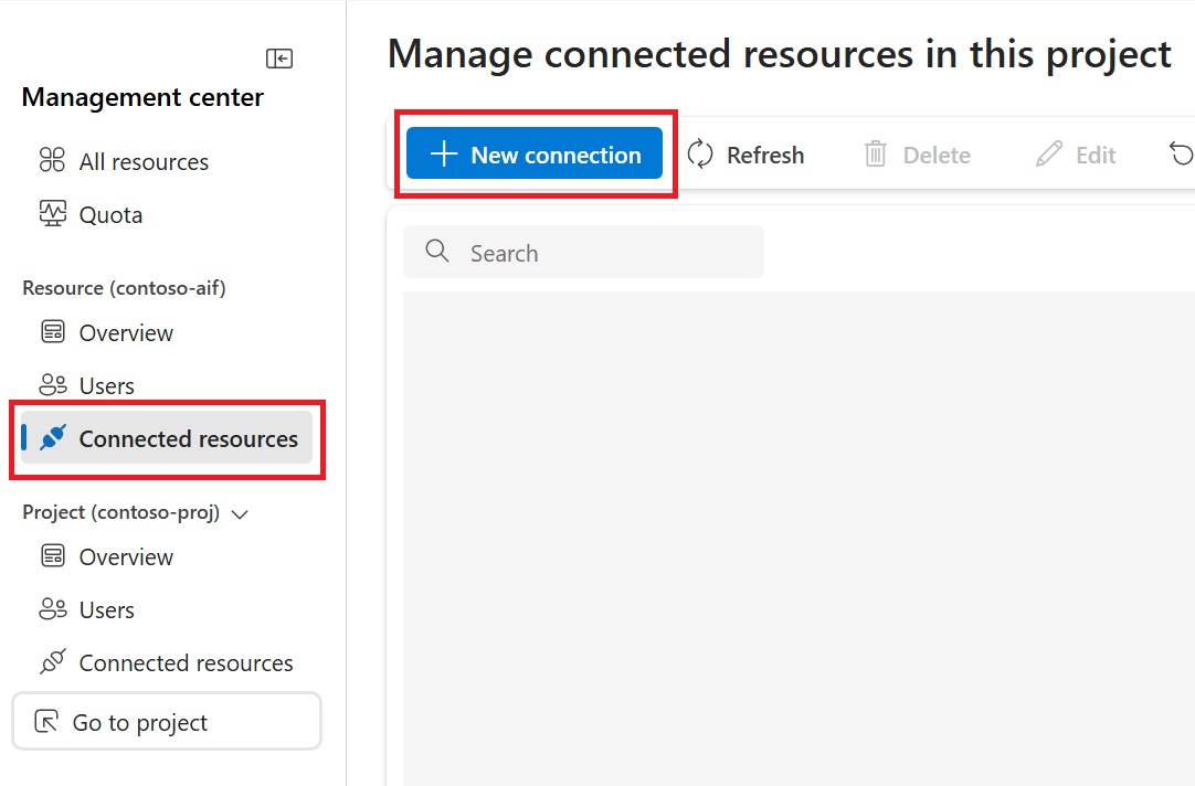 Screenshot of the Connected resources section with the + New connection button selected, showing Azure Key Vault as an available option.