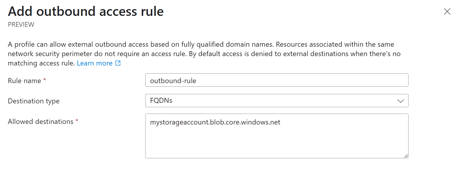 A screenshot showing the screen to add an outbound access rule.