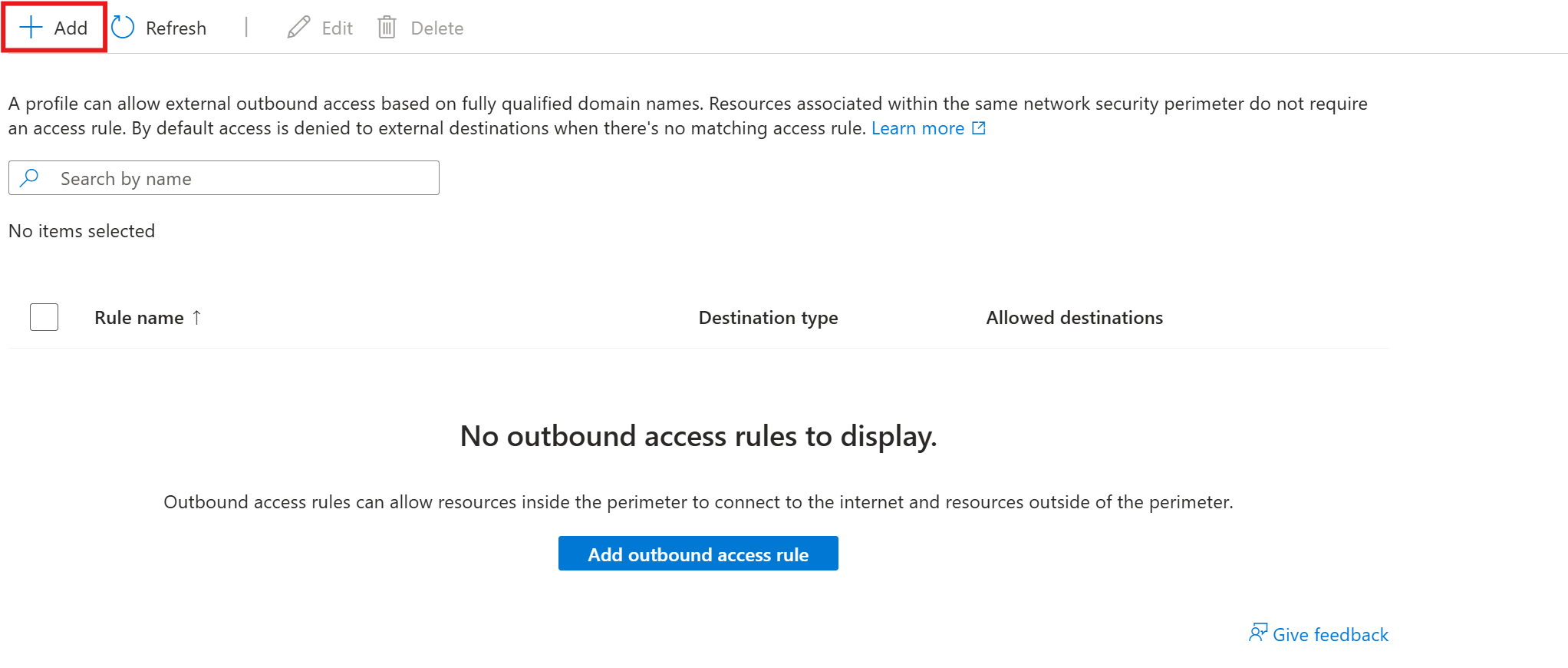 A screenshot showing the button to add outbound access rules.